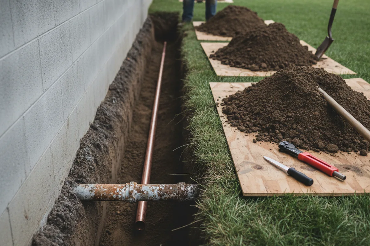 Excavated water line trench during Water Heater Repair in Catoosa